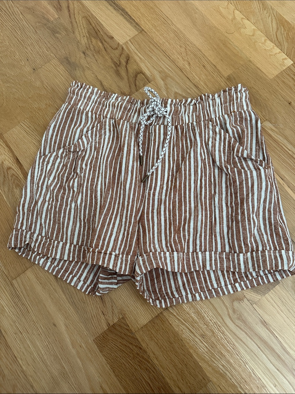 Striped Brown & White Drawstring Women’s Linen Shorts
